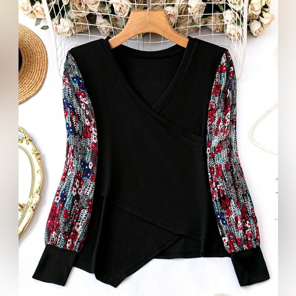 Tops - Women's Floral Long Sleeve Wrap Top